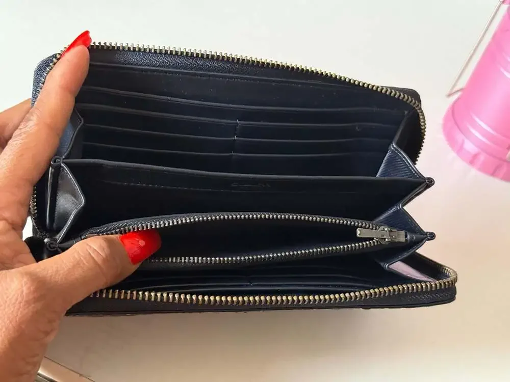 Coach Accordion Zip Around Wallet in Blue and Black Snakeskin Embossed Leather